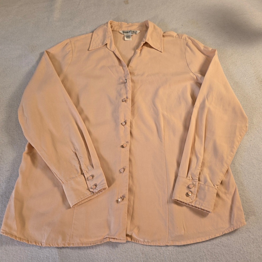 WinterSilks Pink Silk Cotton Blend Button Up Blouse XL Long Sleeve Twill Top